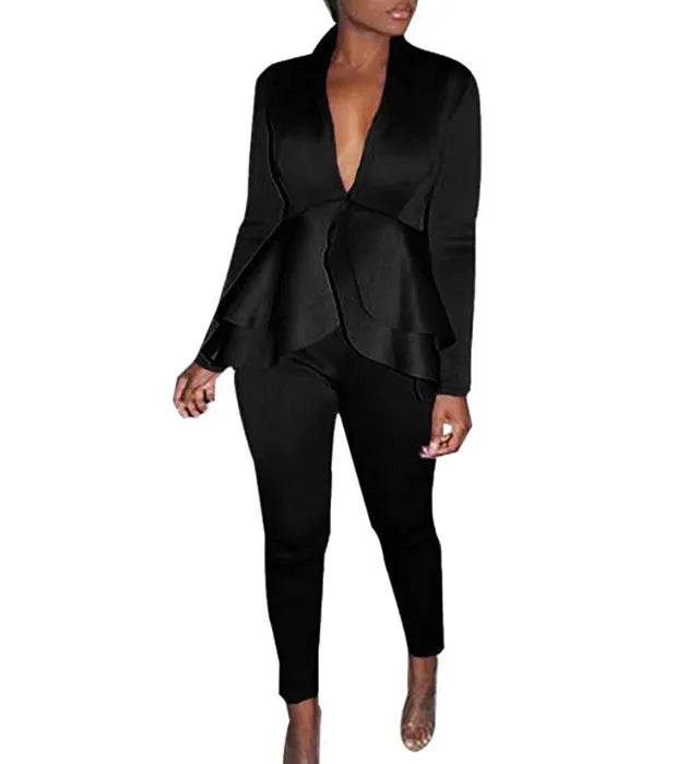 Women's white ruffled business shirt and black pencil pants from a formal two-piece uniform set.