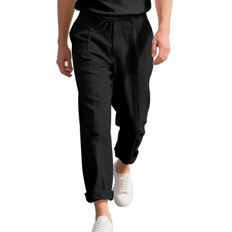Men's linen casual trousers in loose straight-leg style with drawstring waist
