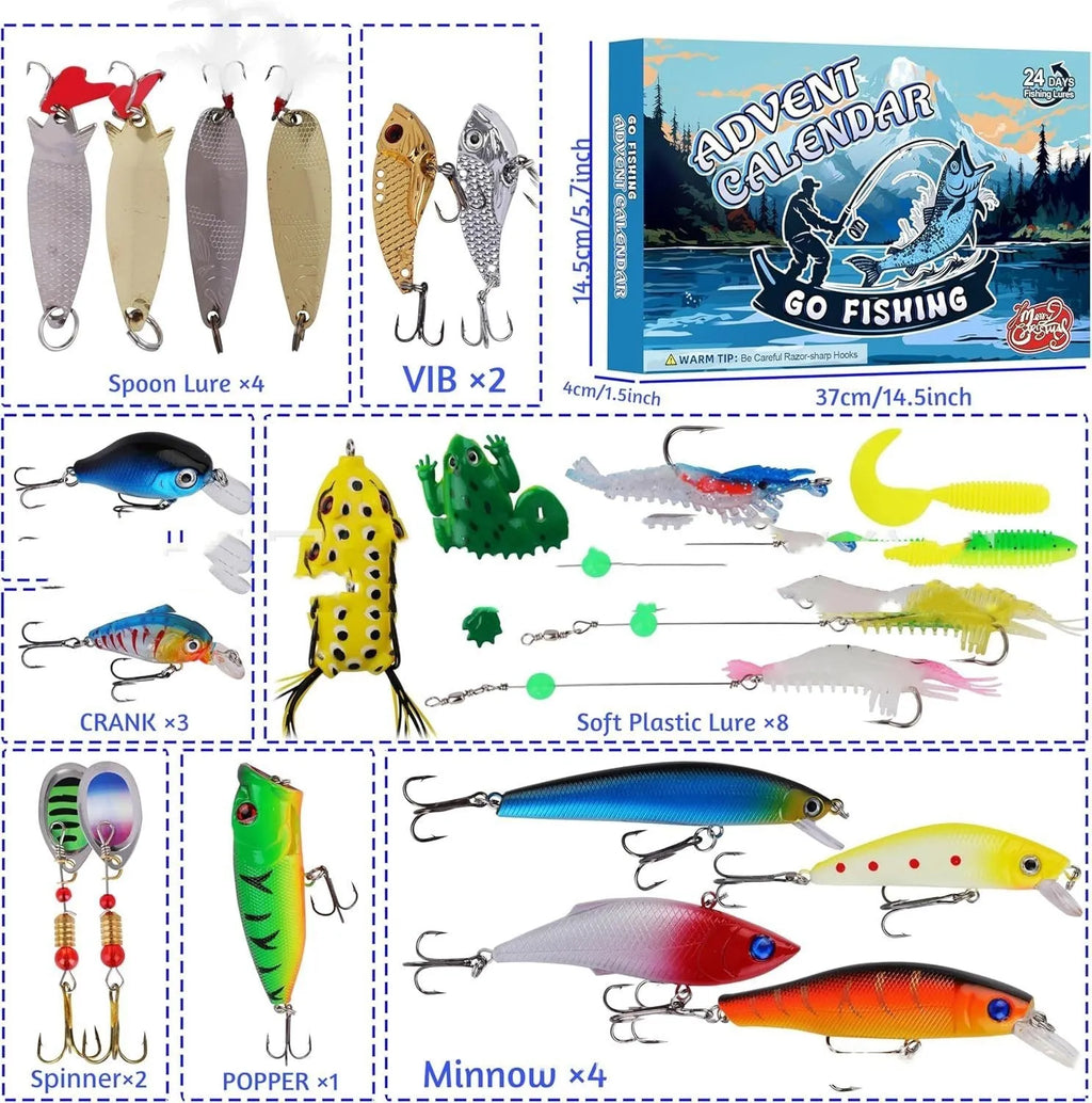 Christmas Advent Calendar Fishing Gear Set 14x9x1.5 inches compact holiday gift for anglers