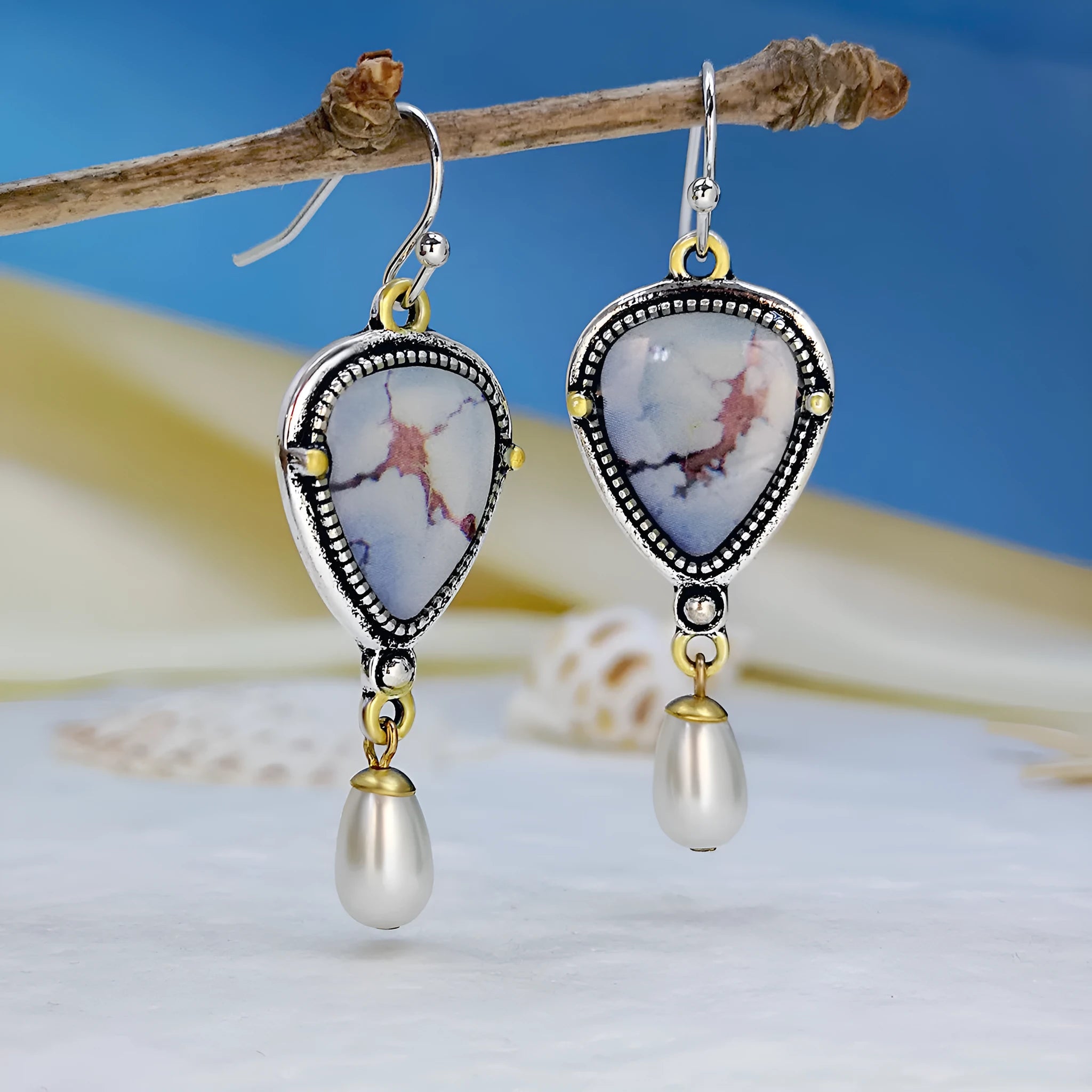 Women's retro blue Bohemian drop earrings with geometric shape and synthetic opal-pearl accents