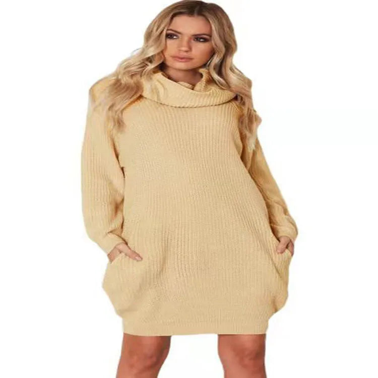 Women's apricot lapel collar acrylic sweater with pockets loose slim fit