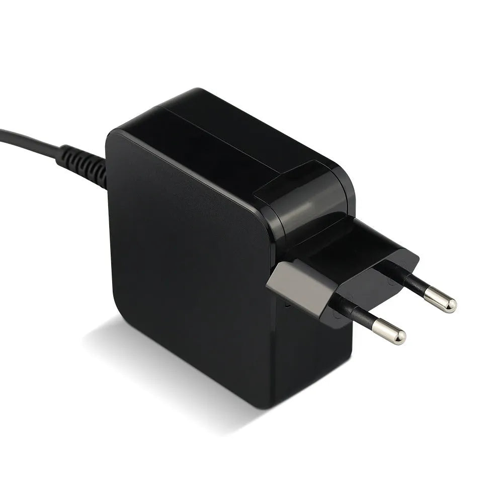 Black 45W laptop adapter with American DC connector measuring 99.3mm x 36.5mm x 61.8mm