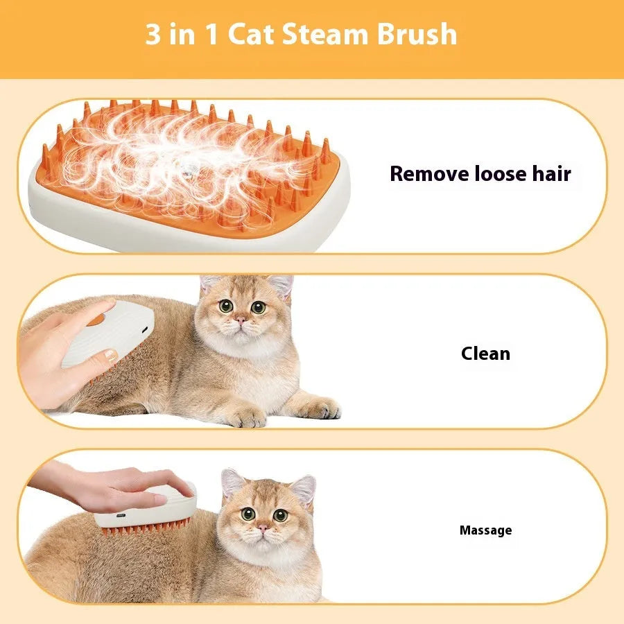 USB rechargeable cat steam brush in white and orange with ABS/TPR body, 11.8x6.8x5.5cm size