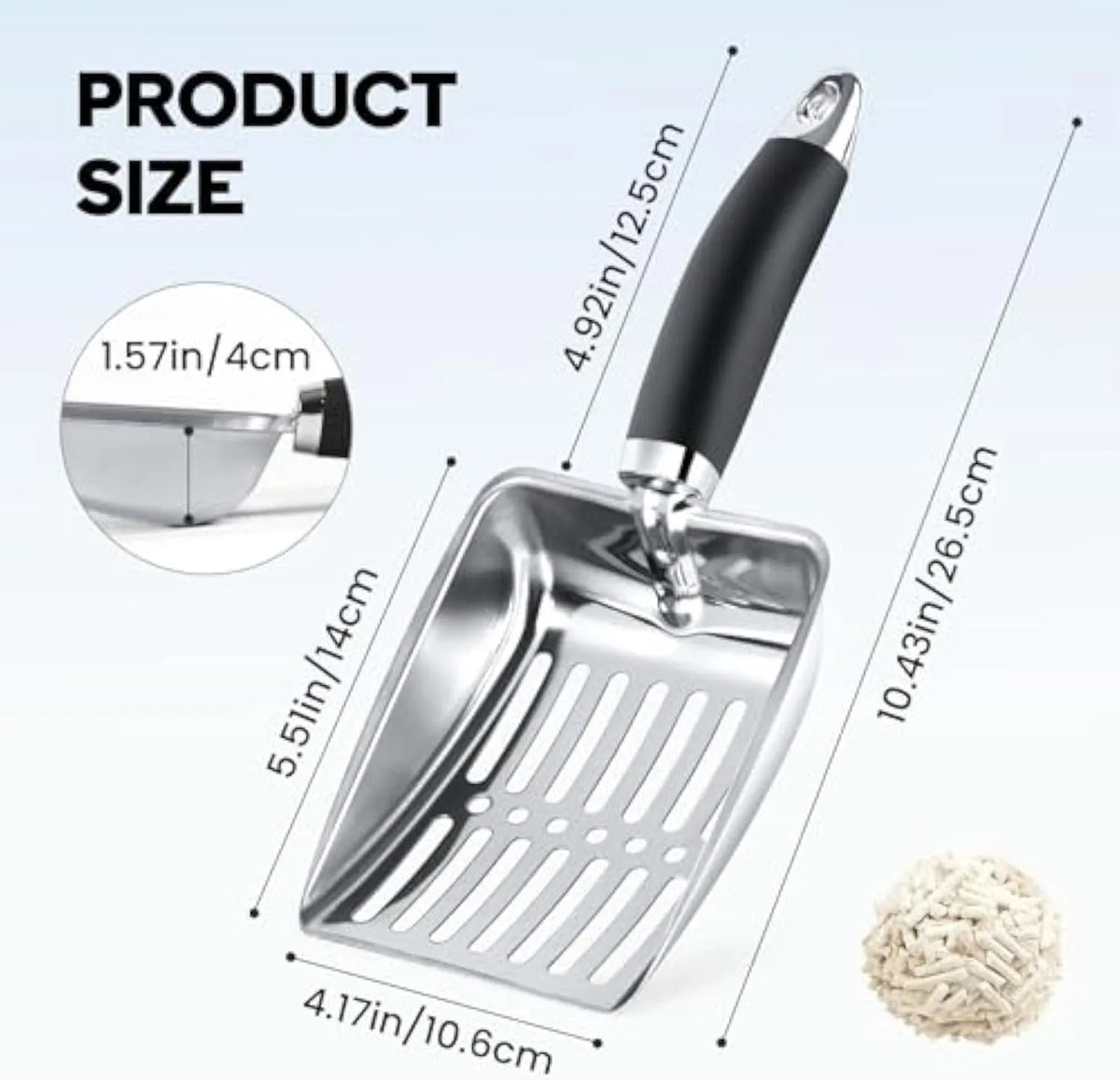 Stainless steel cat litter scoop with black comfort grip handle and 6mm sifter spacing, 26cm x 10.7cm