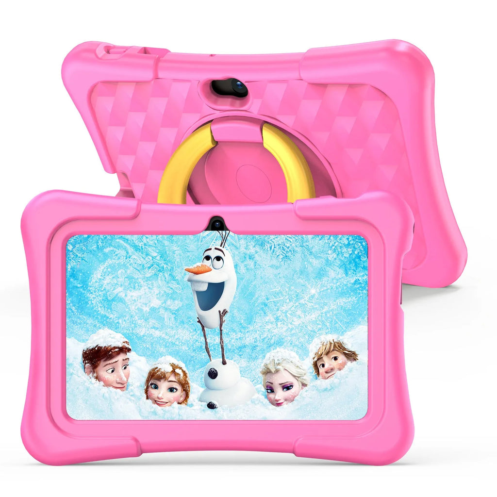 Blue and pink 7-inch children's educational tablet with a silicone protective cover.