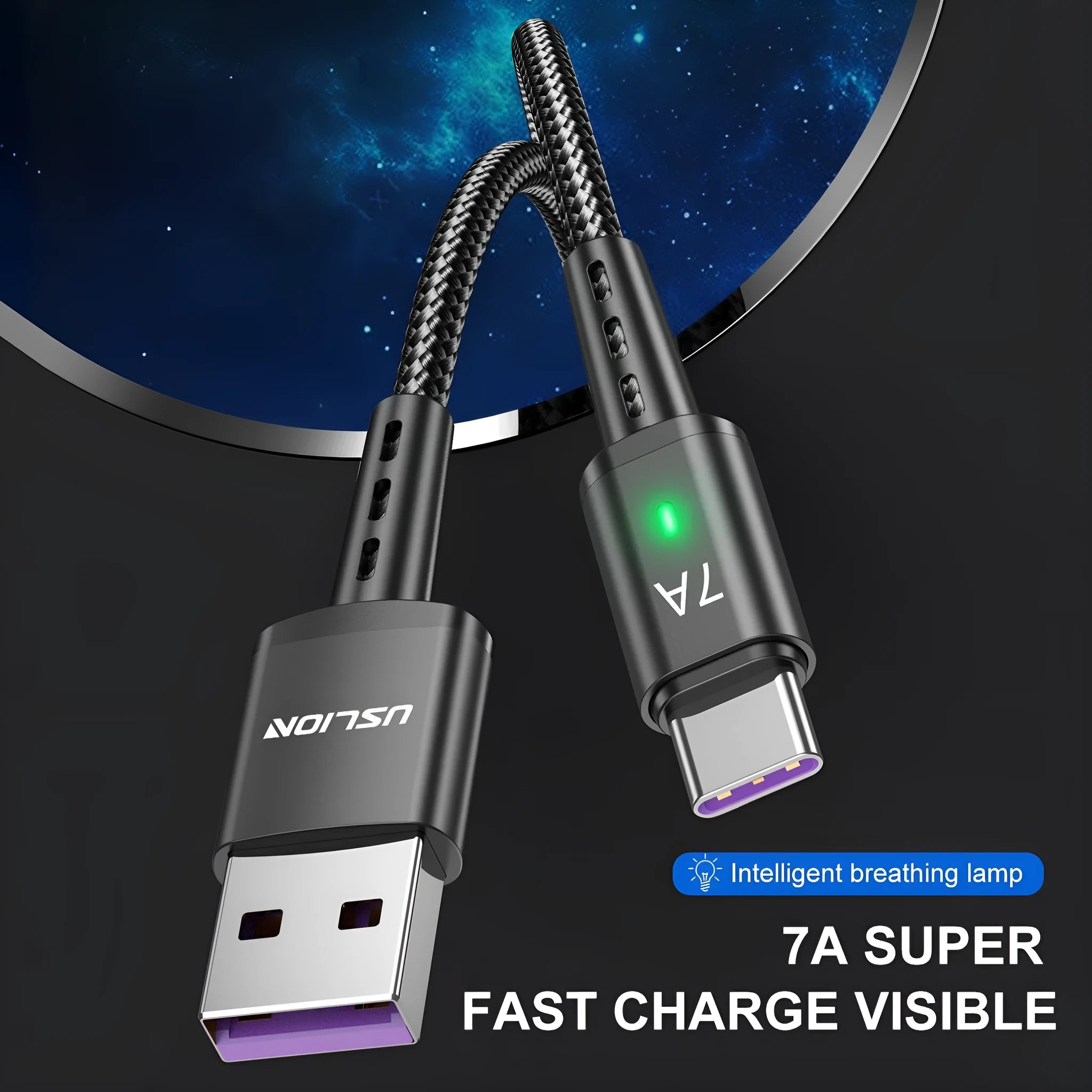 7A braided USB-C charging cable in 2 metre length with aluminium alloy connector, black colour