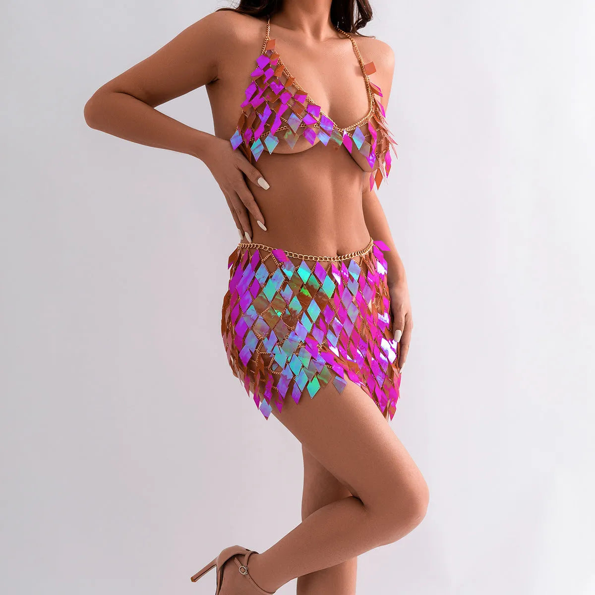 Women's geometric plastic body chain set with electroplated shine in orange and blue colour options