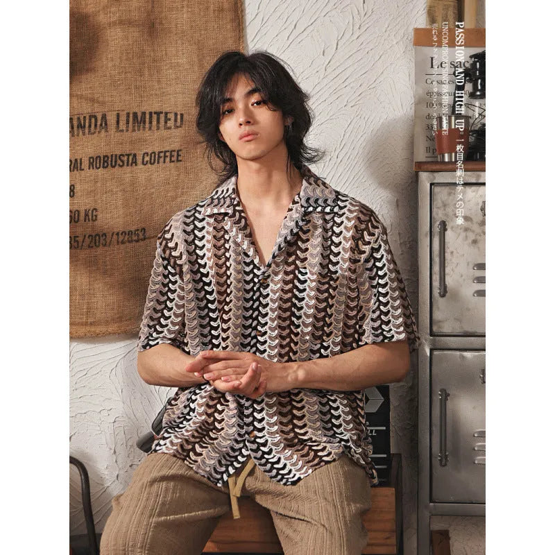 Plus size Cuban collar short sleeve shirt with jacquard patterning in grey or red