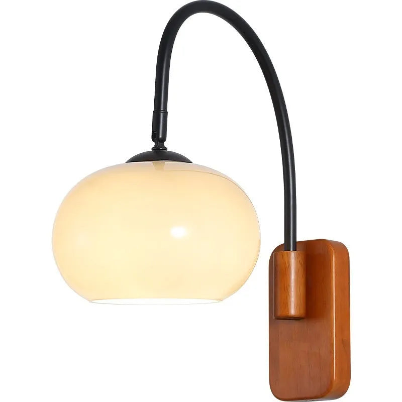 Retro wall LED lamp with 32cm milky white glass shade and iron body, walnut or log colour