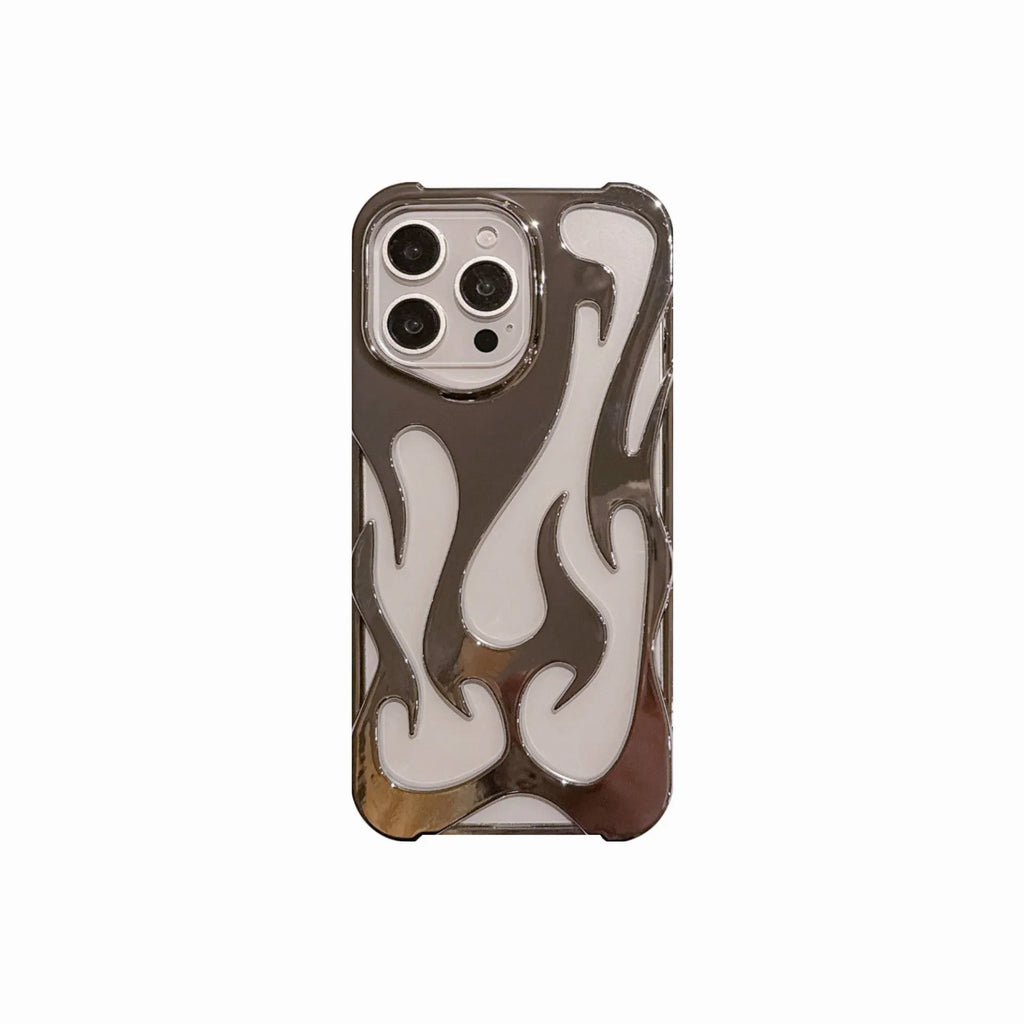 Electroplated hollow flame pattern TPU phone case for iPhone on a table, showing silver metallic finish and ventilation design.