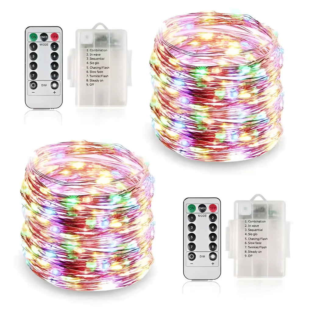 Flexible copper wire string light with 120 LEDs wrapped around a branch, showing battery box and USB connection.