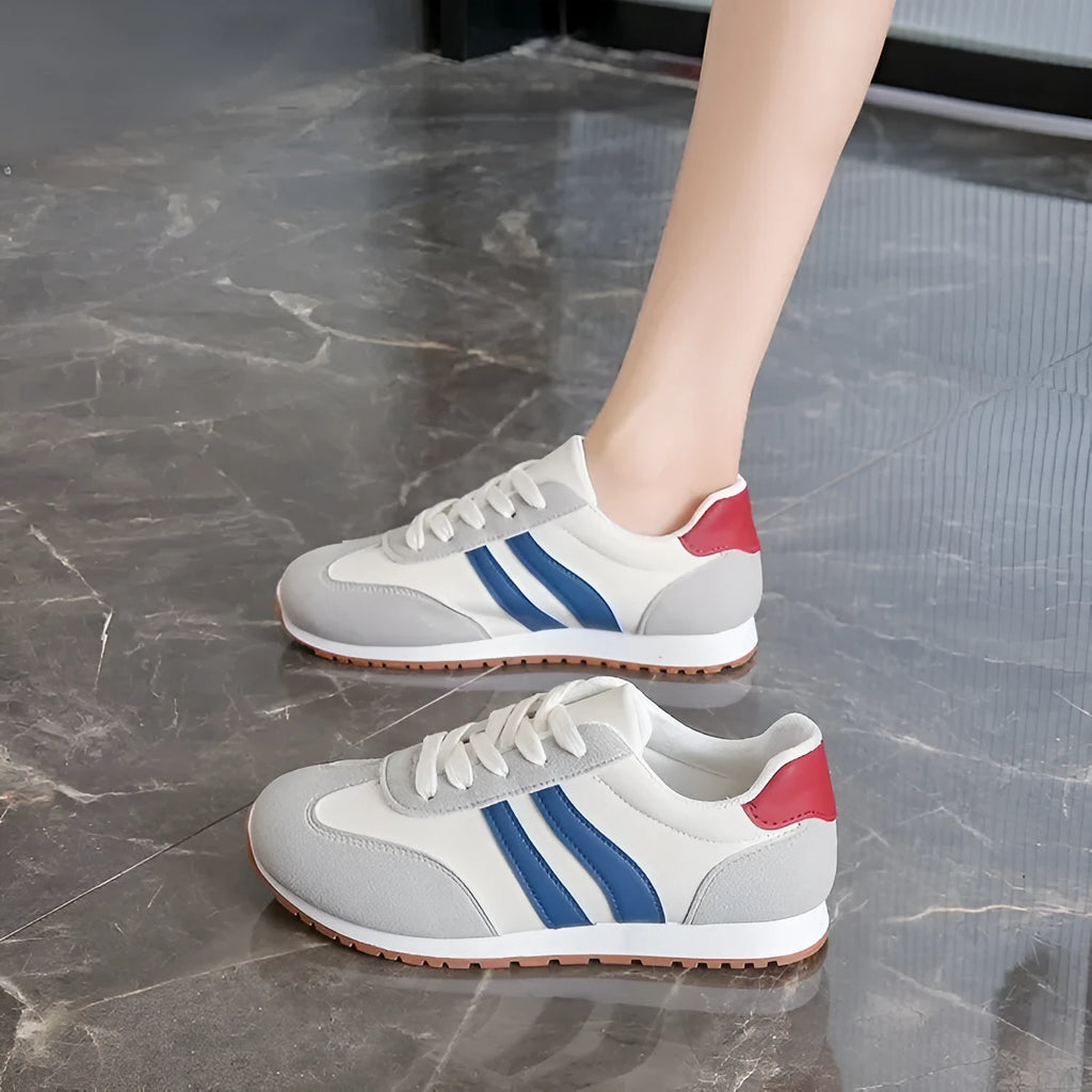 Blue and grey Cortez stripe pattern casual shoes with round toe and flat heel design