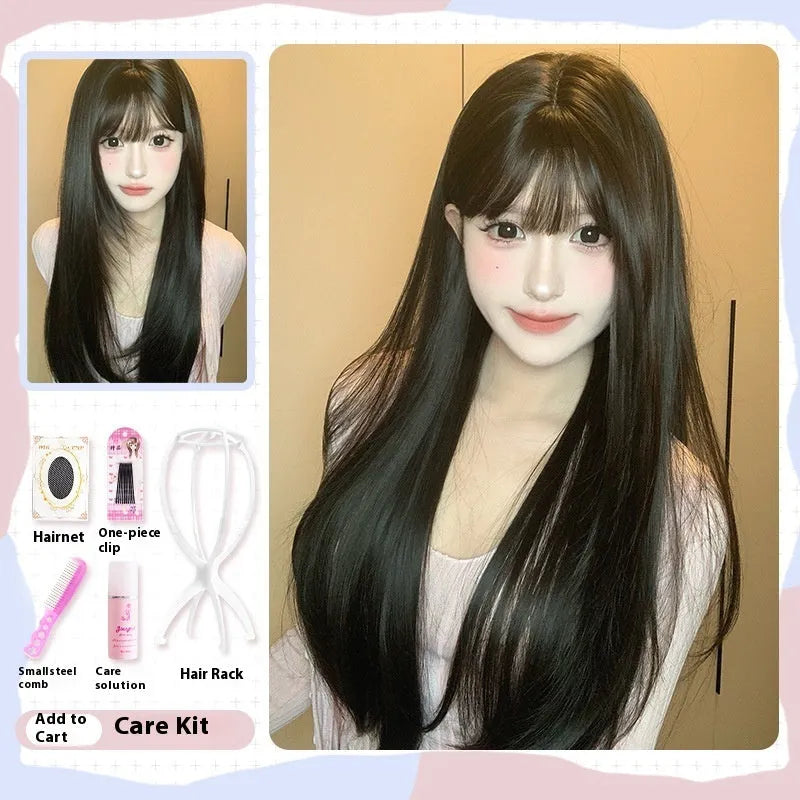 Dark brown full-head synthetic wig with long straight hair and bangs for round face shapes