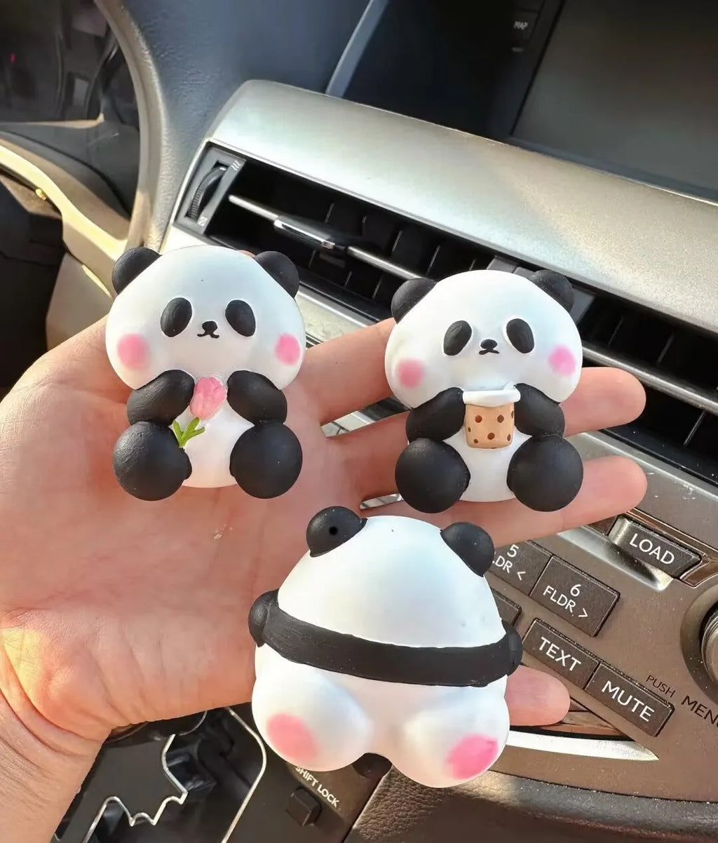 Cute panda-shaped car vent clip air freshener in three character designs: back, holding flower, and milk tea panda.