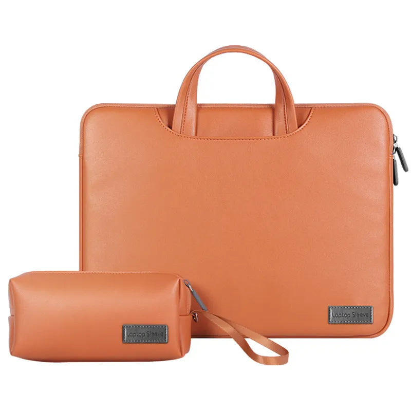 Shockproof PU leather laptop bag in black with shoulder strap and accessory bag for 15.6 inch laptops