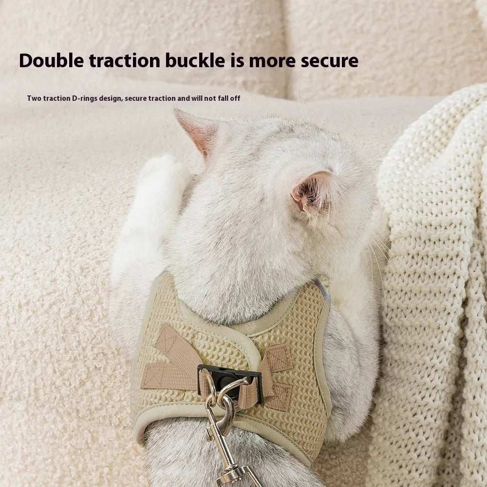 Brown waffle-texture cat harness with chest strap and matching pulling rope leash