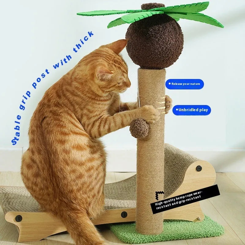 Solid wooden cat climbing frame with integrated hemp scratch board and beach chair-shaped nest for cats.