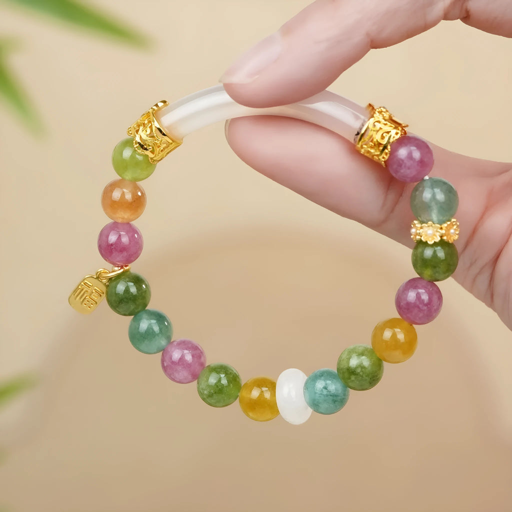 Natural jade rainbow tourmaline half bracelet for women with electroplated finish