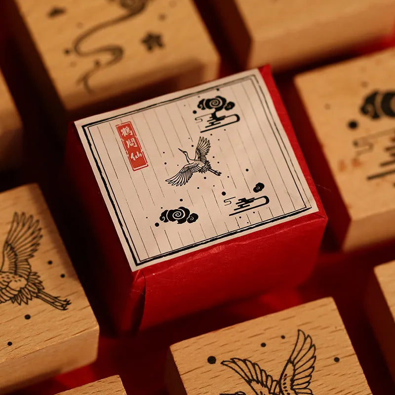 Mr. Paper wooden seal set, Huahegui series, with crane design on wood and rubber stamp for DIY printing