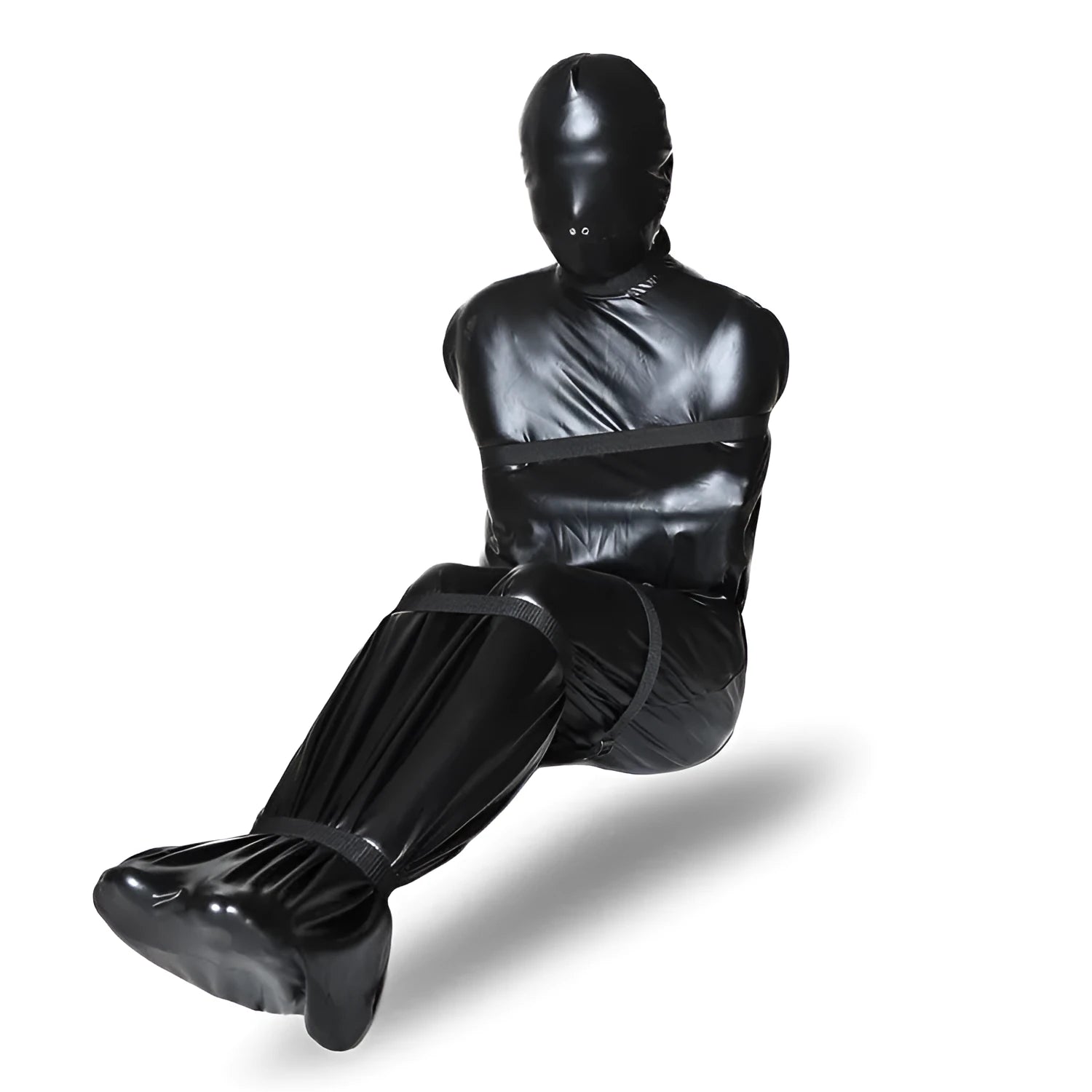 Black patent leather bondage garment with six ratchet tie-down straps for adult restraint