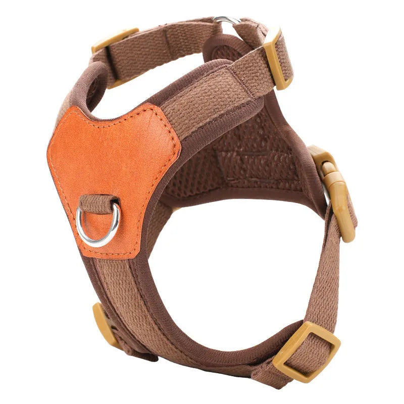 Retro dog hand holding rope pet harness chest strap in polyester, available in brown, green, and blue