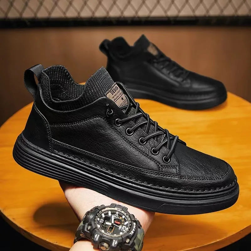 Men's black non-slip lightweight EVA sole sneakers with round toe and laces on plain background