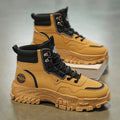 Men's black and yellow Martin boots with artificial PU upper and mid-heel design