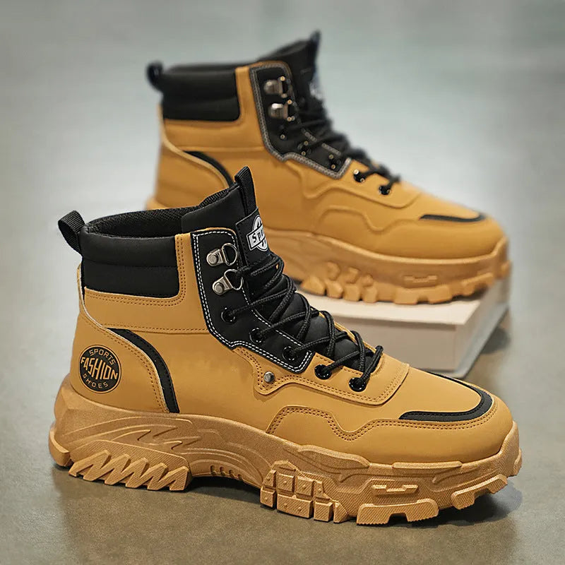Men's black and yellow Martin boots with artificial PU upper and mid-heel design