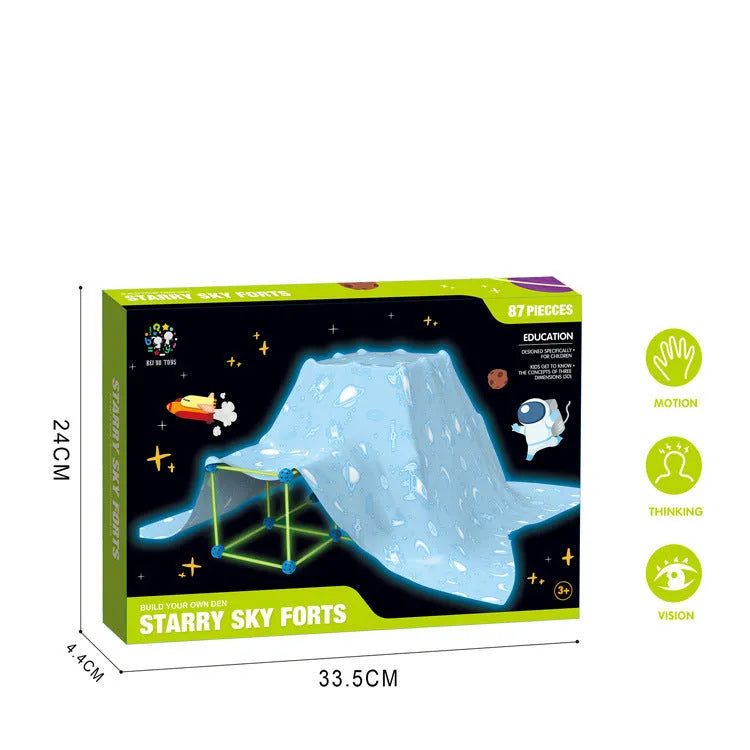Luminous plastic fort building kit for kids with connecting sticks, balls, and storage bag.