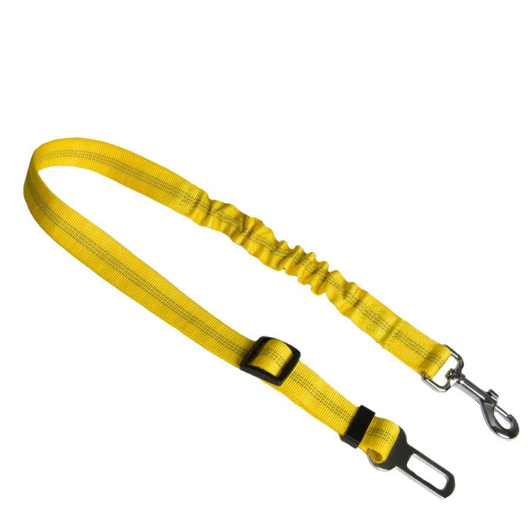 Adjustable nylon dog car seat belt and towing rope in blue, black, brown, red, yellow, or green
