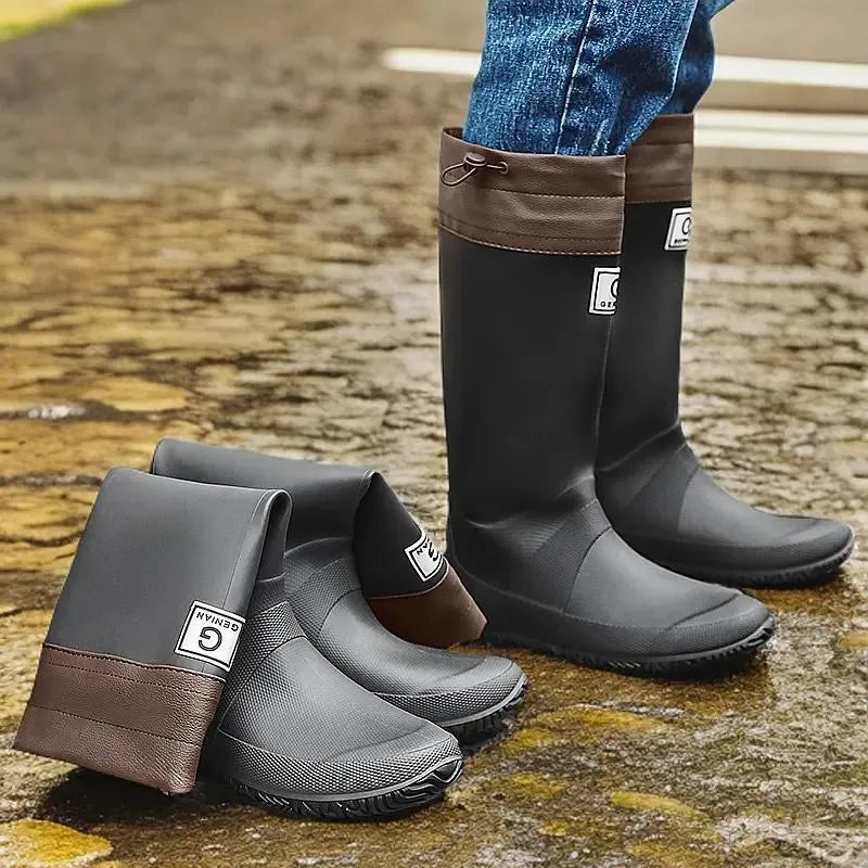 Men's and Women's High Non-slip Wear-resistant Rain Boots in black, with plastic upper and flat heel