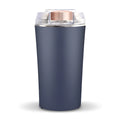 Blue mini flour mill and grinder machine made from stainless steel with adjustment dial.