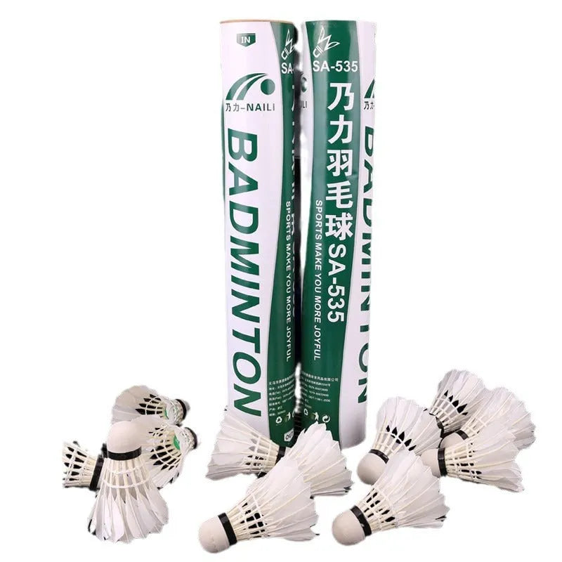 Twelve white training badminton shuttlecocks with feather skirts and cork bases arranged in a pack