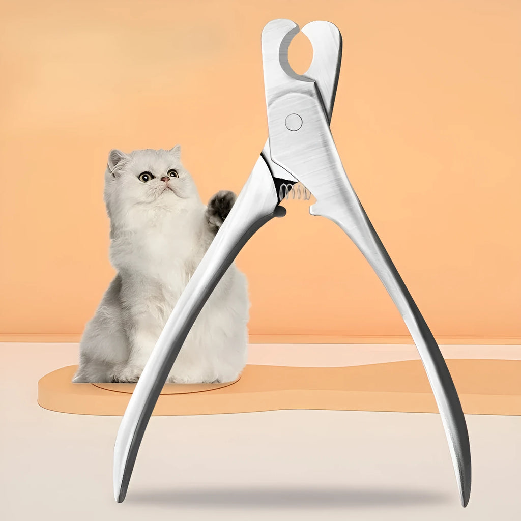 Silver professional pet nail clipper with stainless steel blades and safety guard.