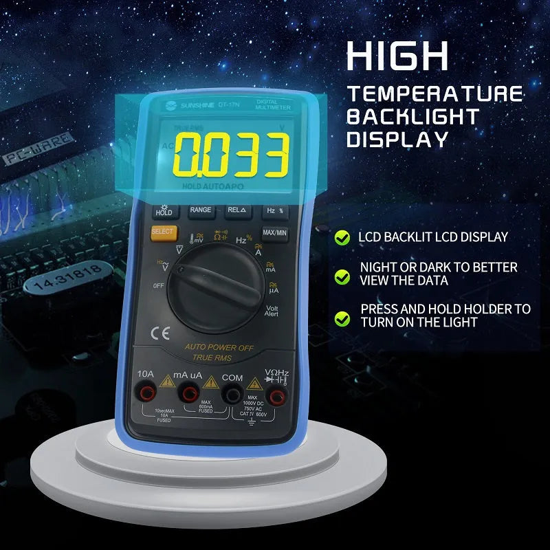 DT 17N auto ranging digital multimeter handheld professional use with test leads, test pen and 9 volt battery