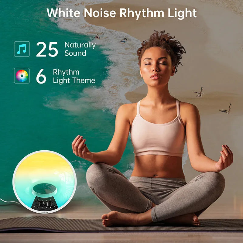 White WiFi sunrise alarm clock with dual alarm and FM radio on bedside table