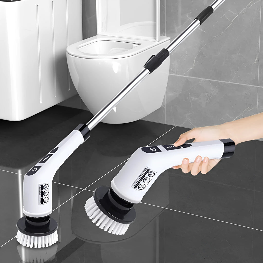 Multifunctional wireless electric cleaning brush 7-in-1 in black and white with USB cable and interchangeable heads