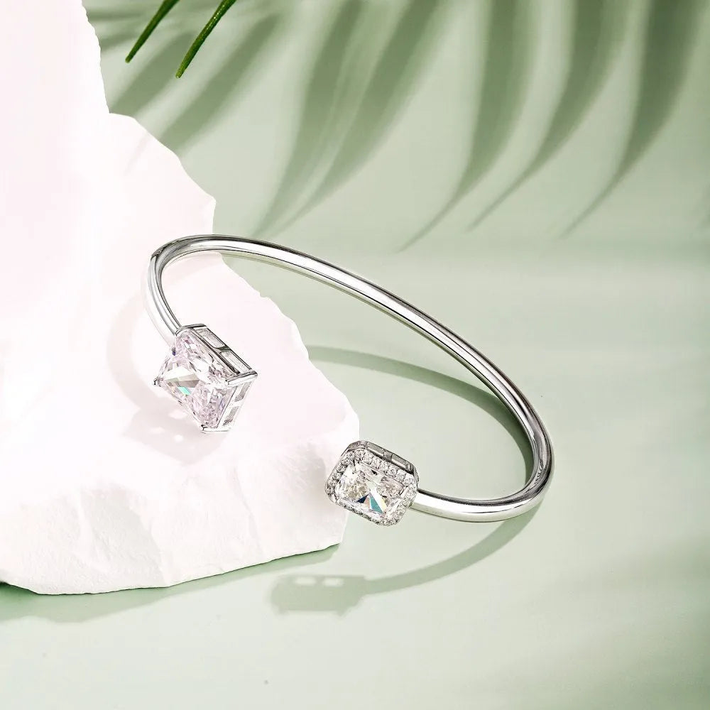 925 sterling silver opening bracelet with quadrilateral element, Korean style, 16cm size