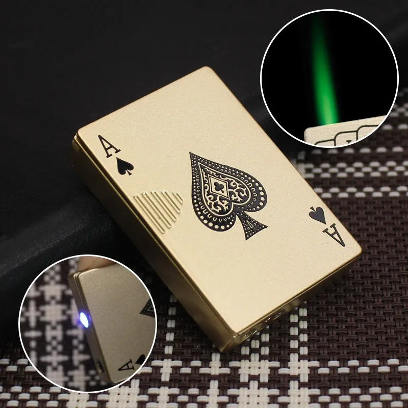 Creative metal playing card lighter with money detector light in Spade A design on white background