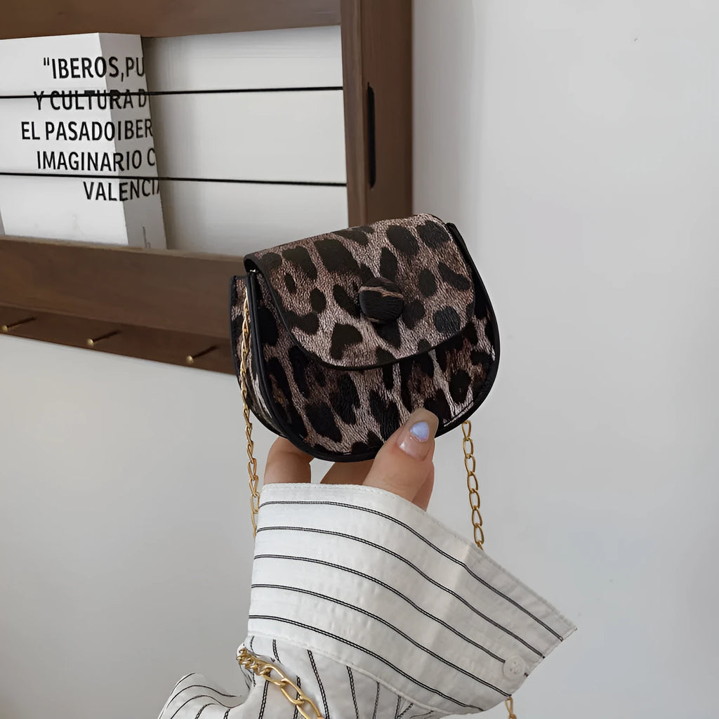 Mini leopard print PU saddle bag in horizontal square shape, with sandwich pocket, black or reddish brown