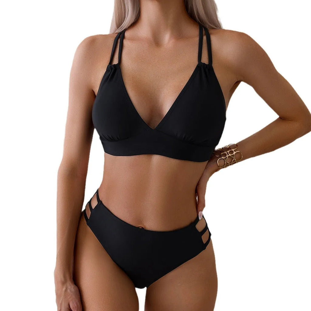 Women's V-neck halter bikini swimsuit in nylon fabric with bra and shorts