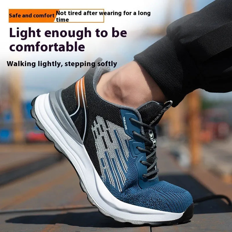 Blue men's safety work shoes with plastic toe cap and Flyknit mesh upper