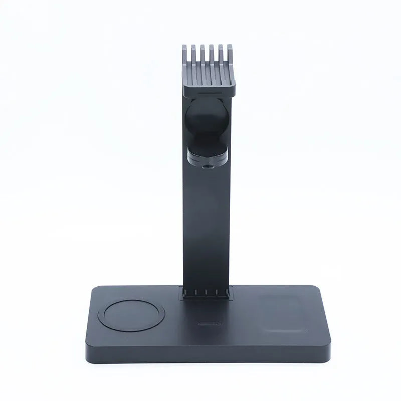 Black wireless charging station with brackets for mobile phone, smartwatch and headset