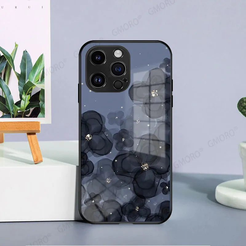 Flower glass iPhone case with tulip and smiling face design, UV coating, shockproof protection, Regular Glass Shell 802 and 803