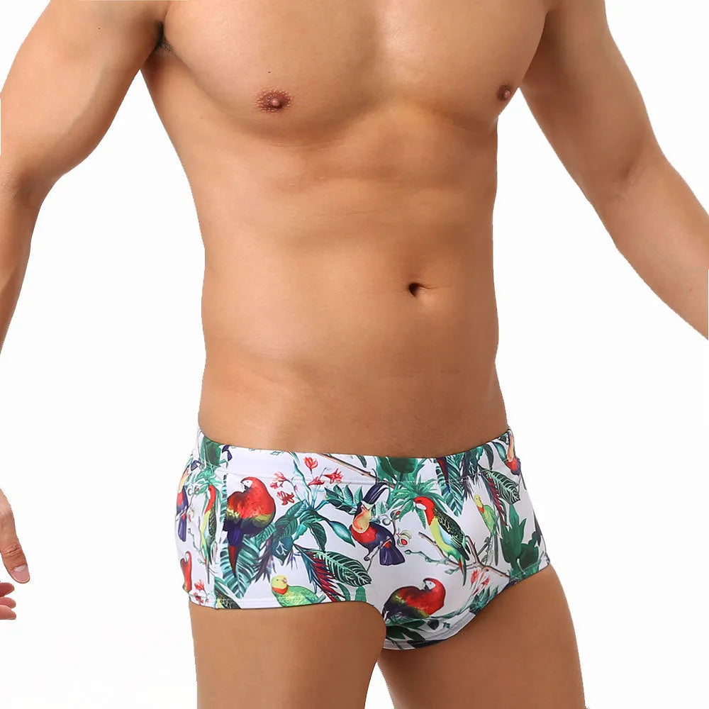 Men's flower-bird print swimming trunks with cup cover in nylon fabric