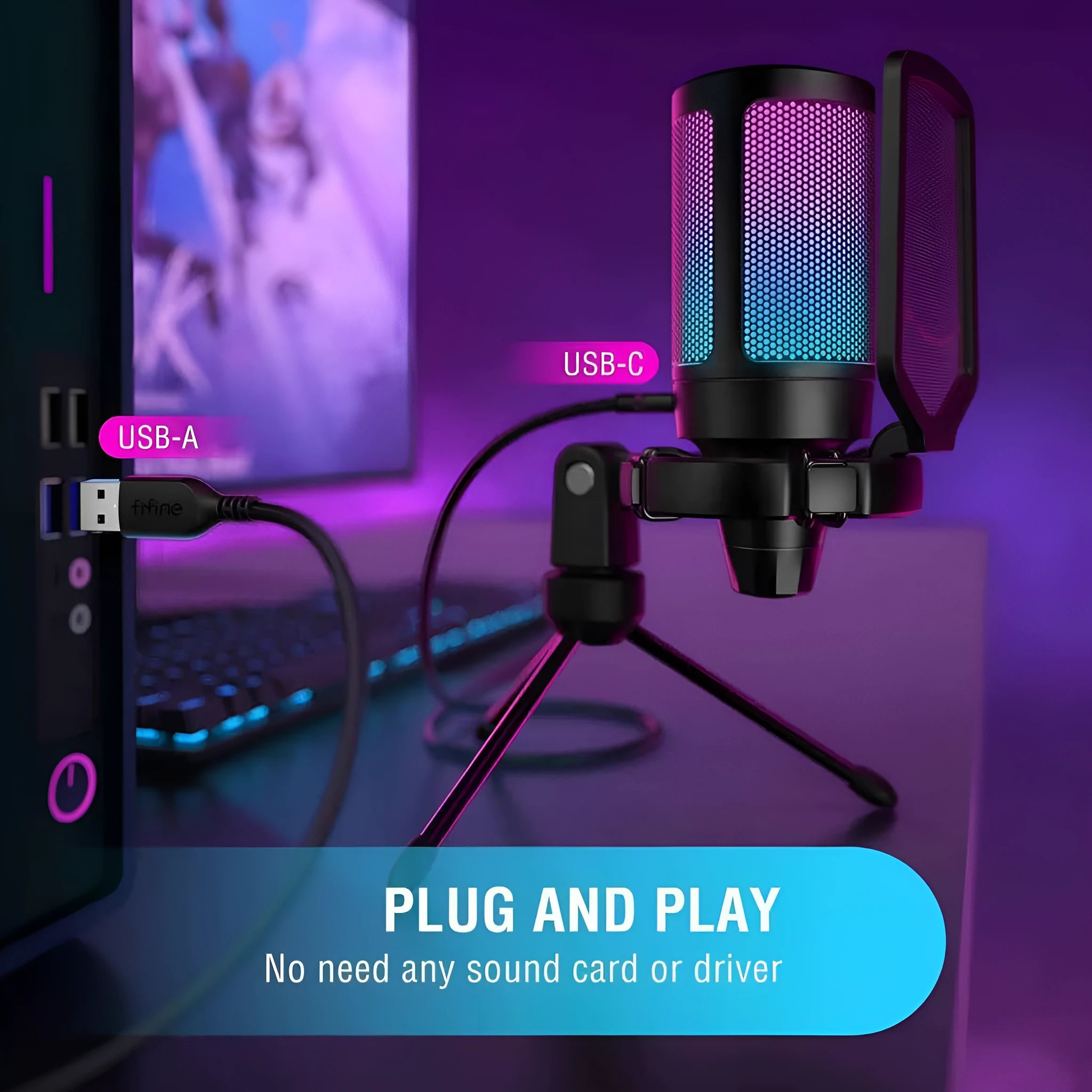 Black USB moving coil type gaming microphone for PC PS4 PS5 desktop use