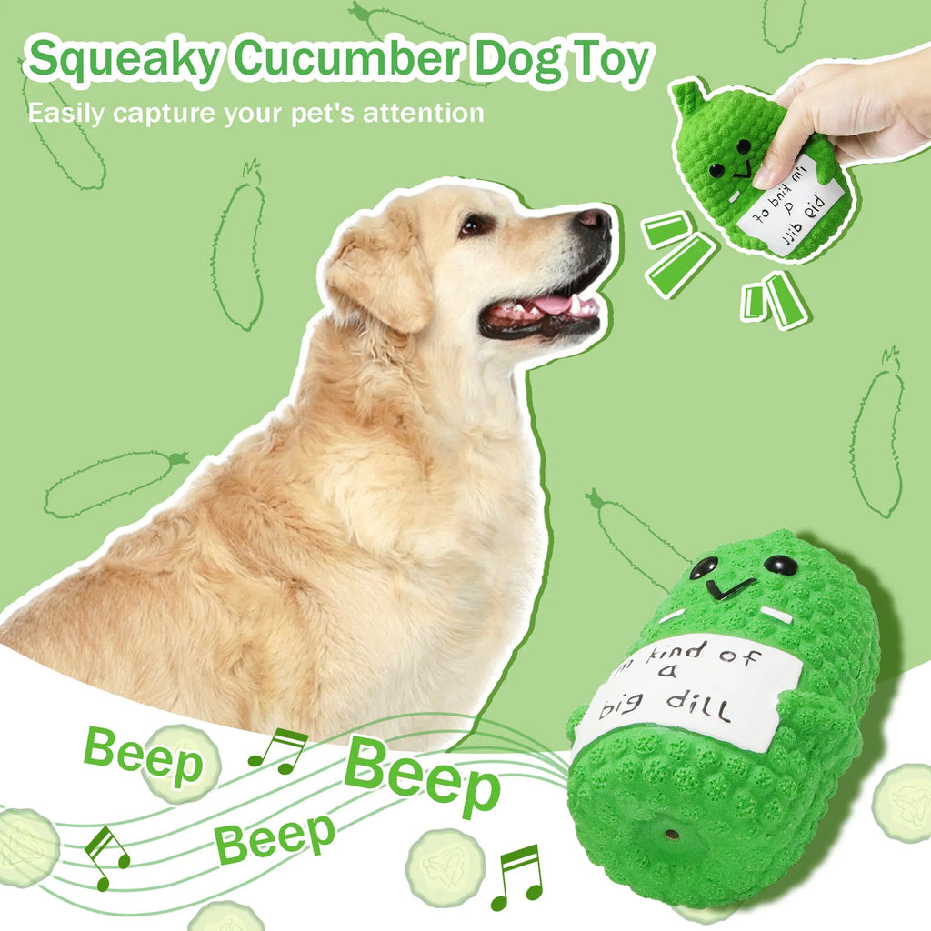 Green pickle-shaped squeaky dog toy with textured nubs, shown next to a measuring tape indicating 13.6 cm length.