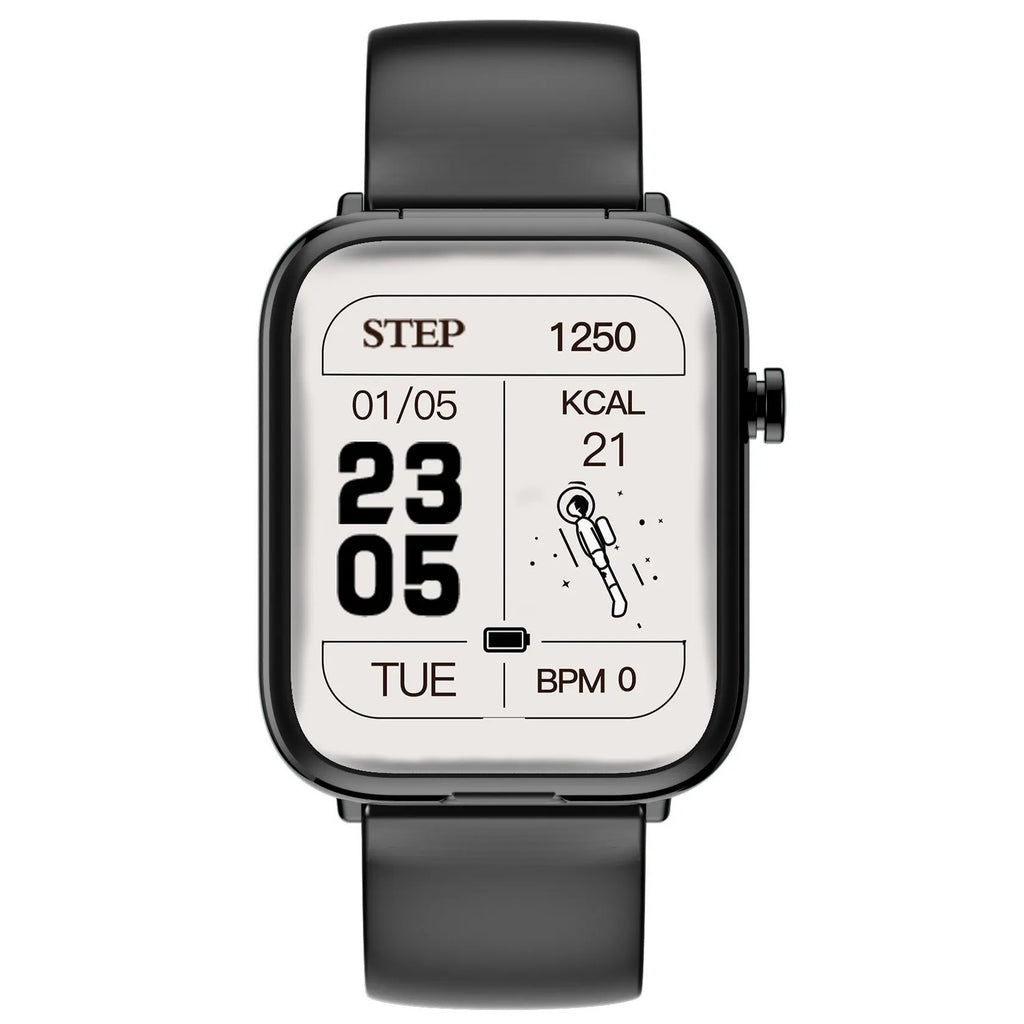 Black all-touch smart Bluetooth headset watch with 1.69-inch screen on wrist, showing charging case with earpieces.