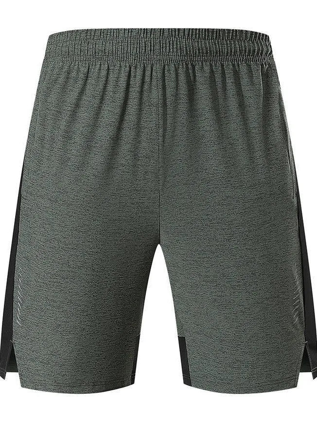 Men's forest green spandex casual shorts with a mid-waist fit on a grey background.