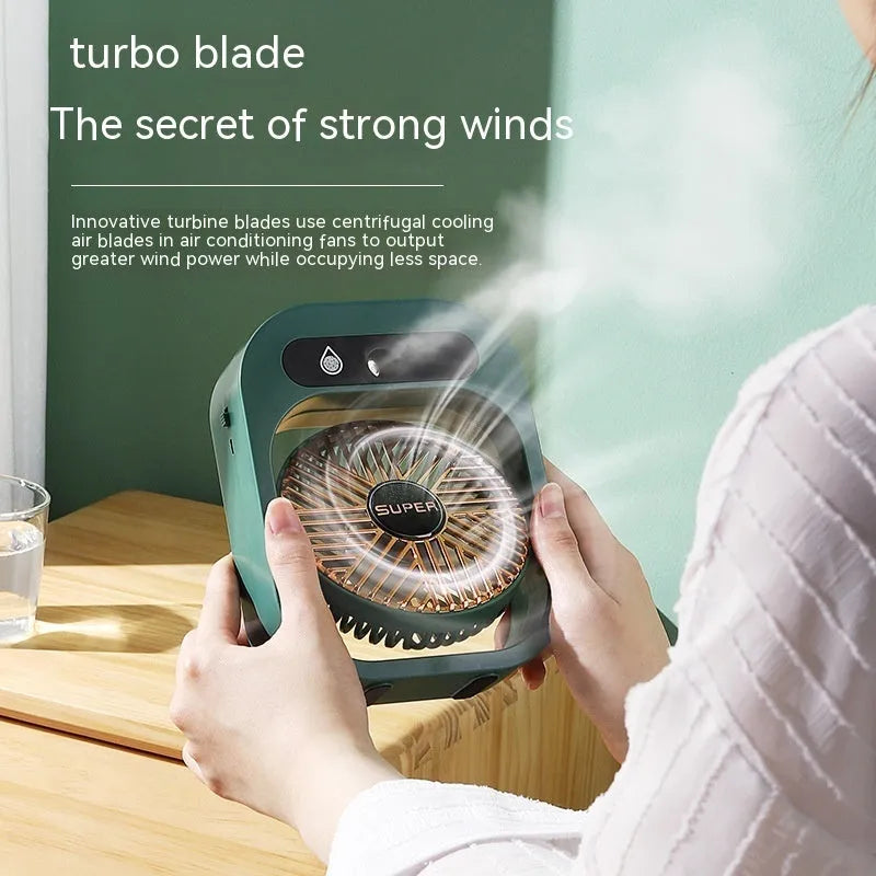Green and white USB rechargeable misting fan air cooler with humidifier function